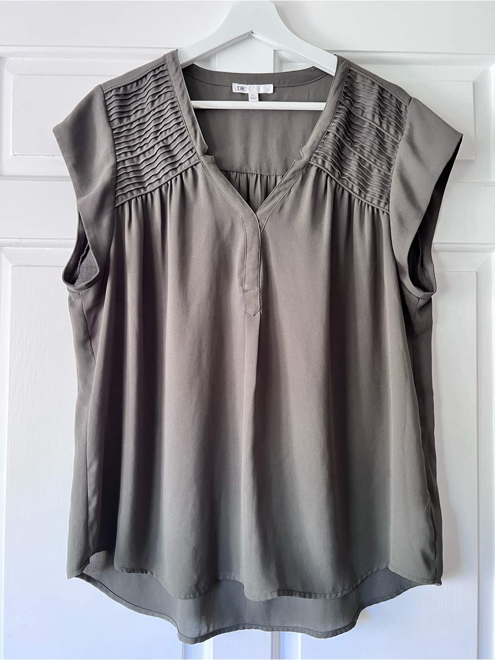 DR2 Olive Gray Pintuck Yoke Cap-Sleeve Blouse